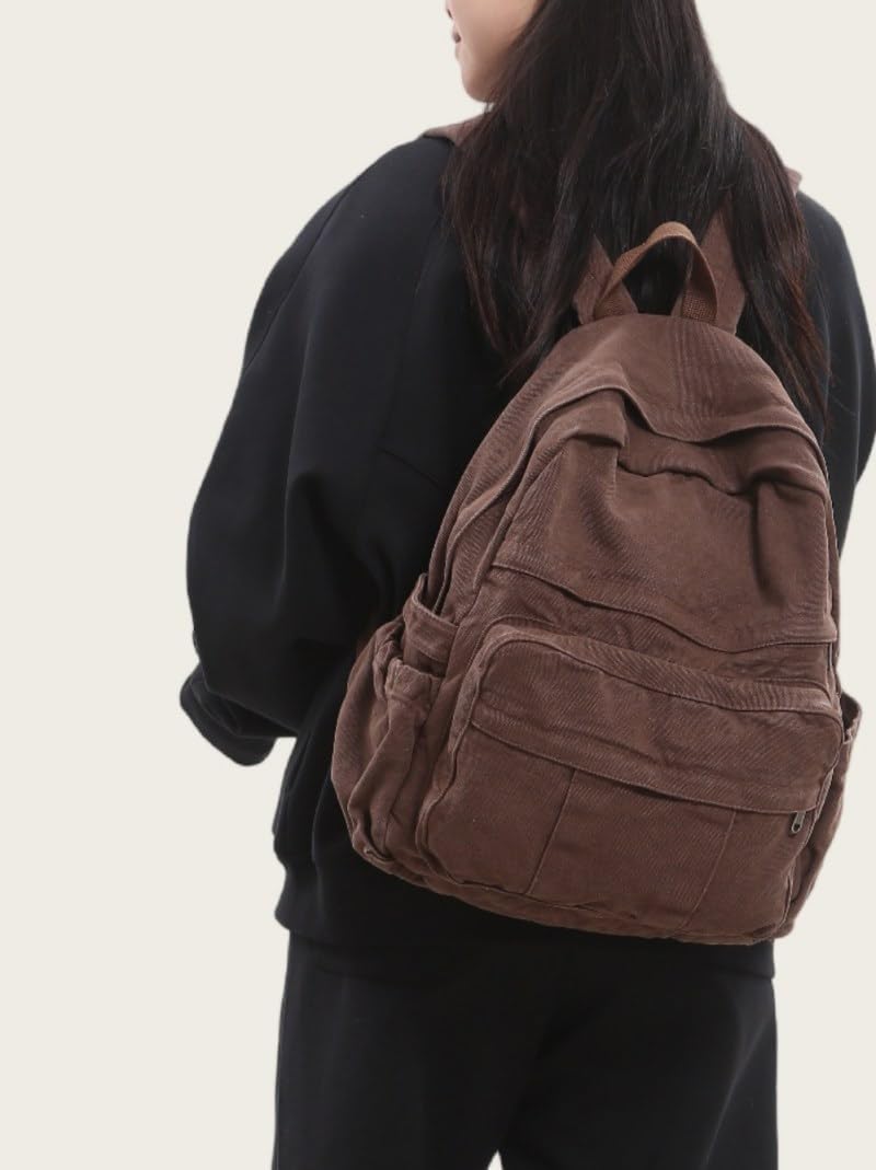Coffee Brown Canvas Backpack for Women & Men Retro Aesthetic Rucksack Basic Backpack for High School/College Students Travel Laptop Bag