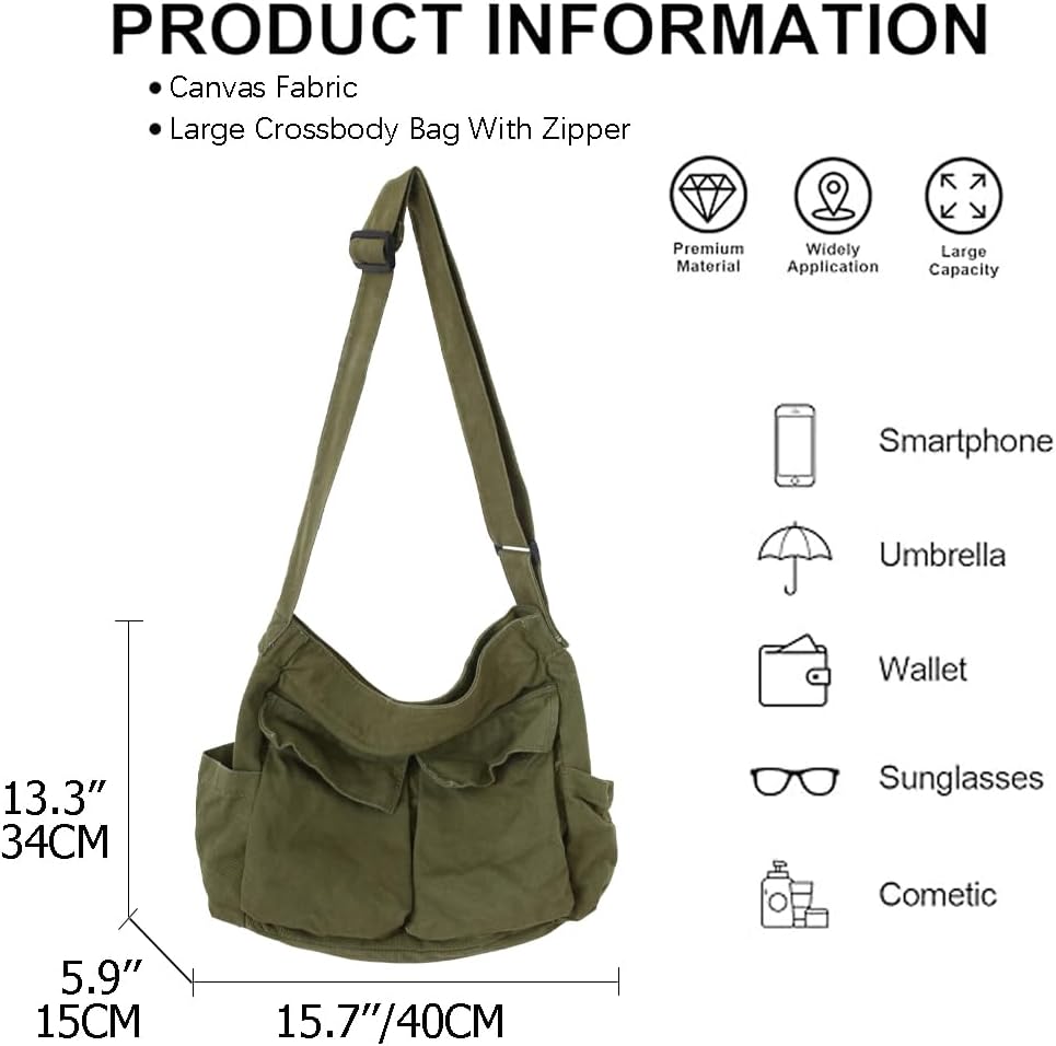 Canvas Messenger Bag Large Hobo Bag Crossbody Shoulder Bag Tote Bag with Pocket for Women and Men