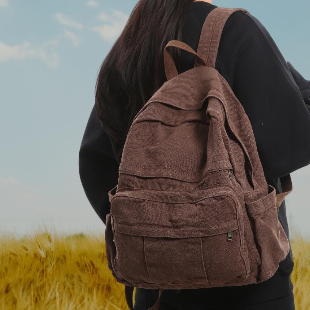 Coffee Brown Canvas Backpack for Women & Men Retro Aesthetic Rucksack Basic Backpack for High School/College Students Travel Laptop Bag