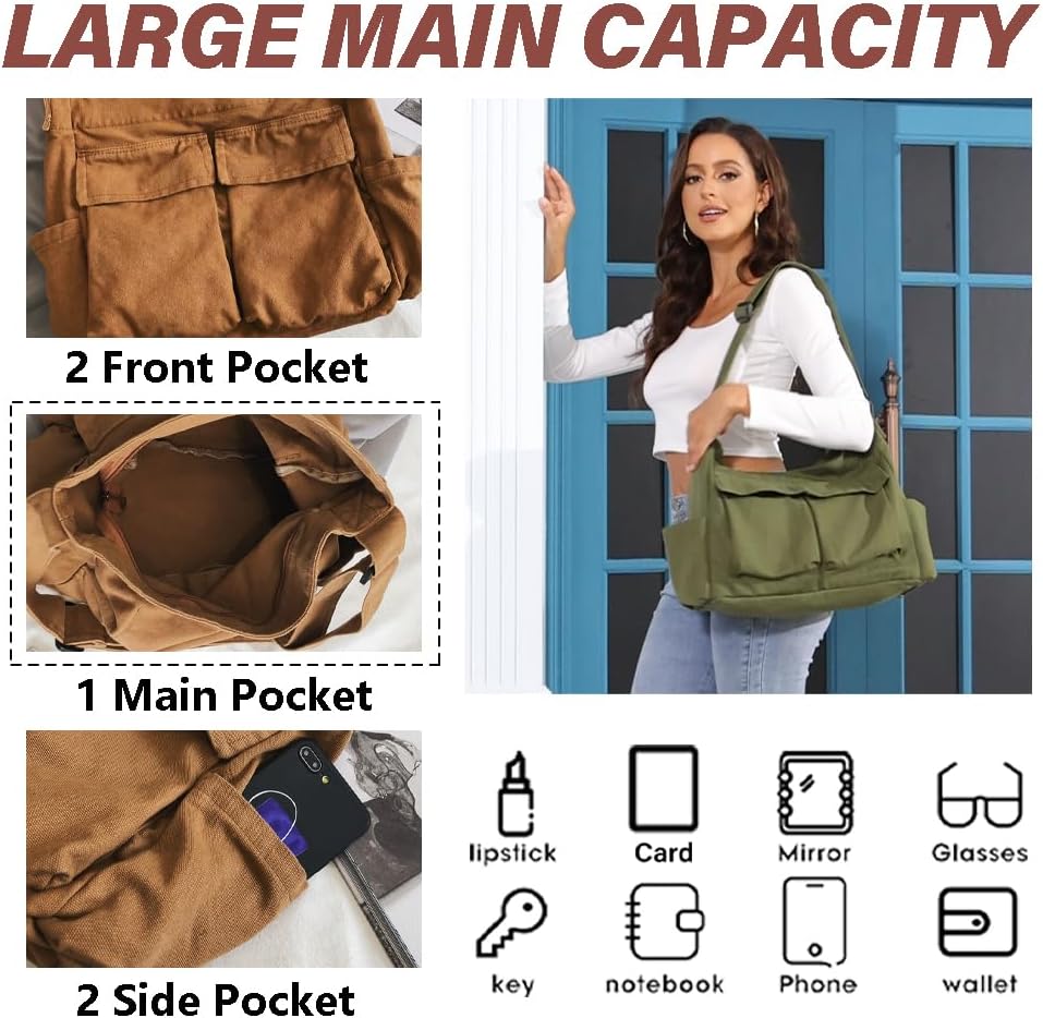Canvas Messenger Bag Large Hobo Bag Crossbody Shoulder Bag Tote Bag with Pocket for Women and Men