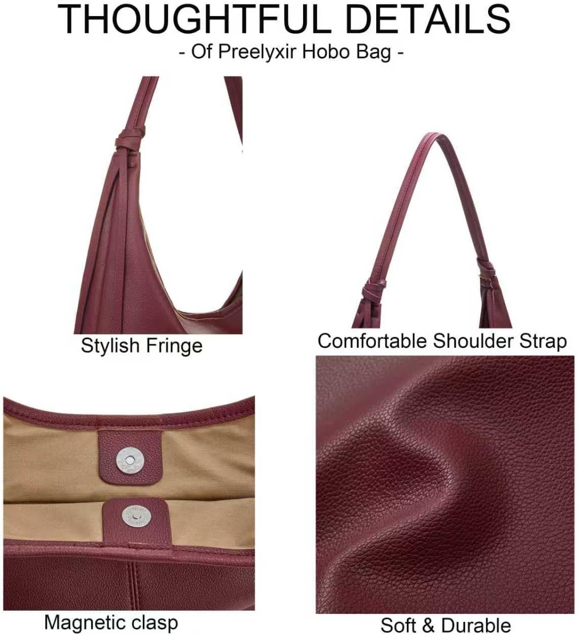 Vegan Leather Slouchy Hobo Purses for Women. Tote Handbags Shoulder Satchel with Tassel Ribbon