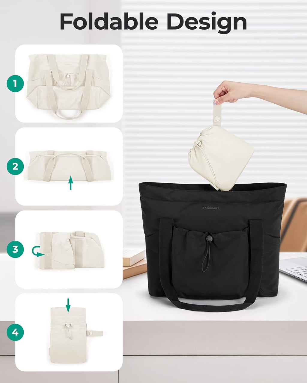 Foldable Tote Bag with Drawstring Bag. Large Tote Bag Shoulder Bag Top Handle Handbag for Travel. Work. Beach. Gym