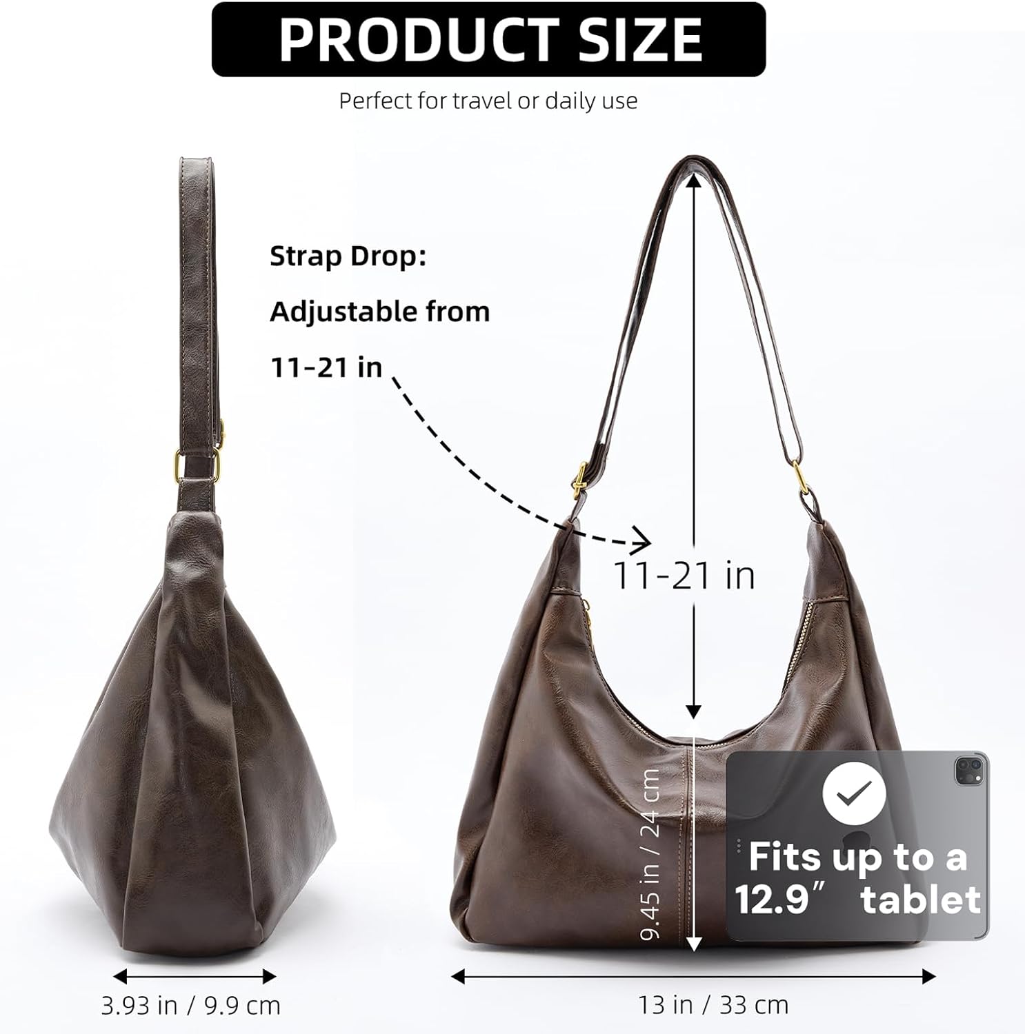 Bags for Women. Ultra Soft Foldable Vegan Leather Shoulder Handbag. Stylish Slouchy Tote Purses