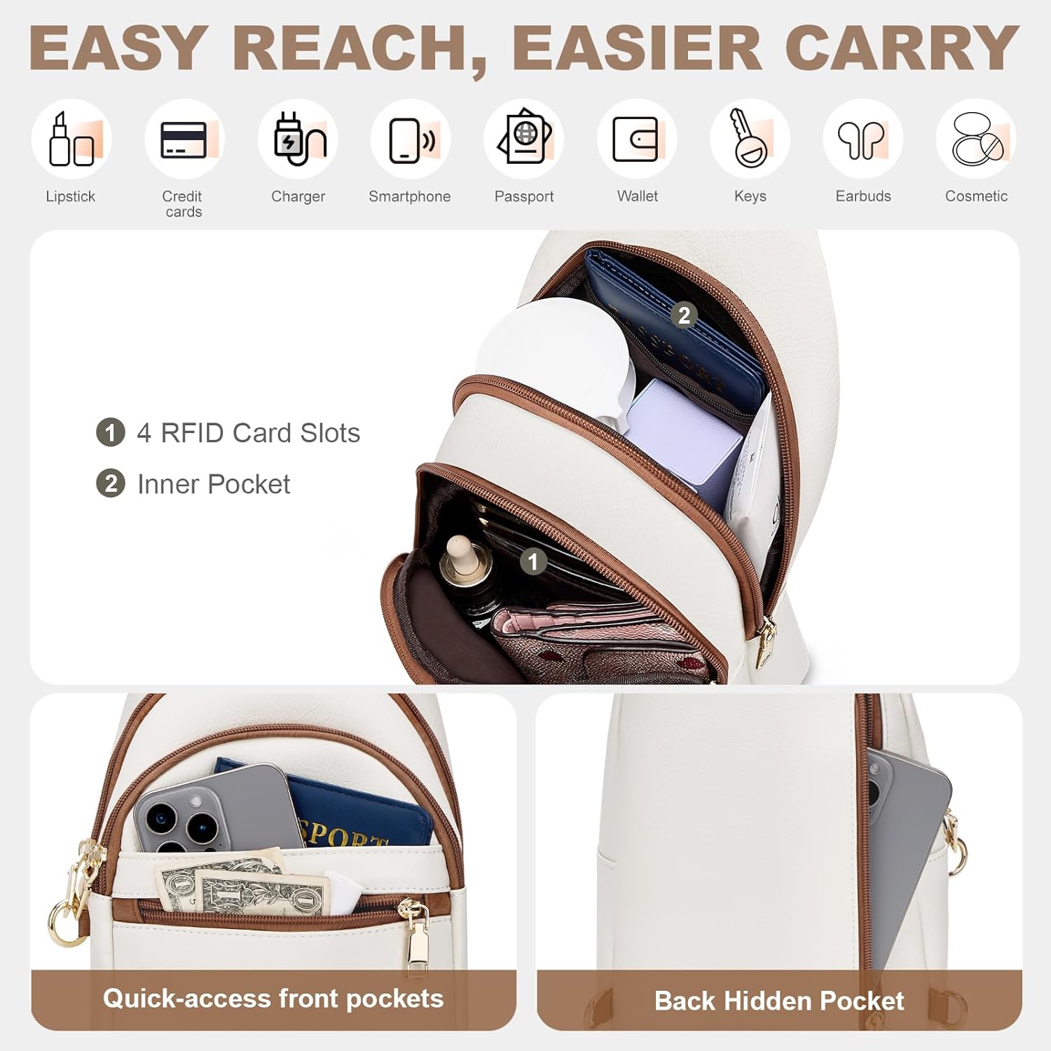 Anti Theft Crossbody Bags for Women. RFID Sling Bag Travel Purse. RFID Cross Body Purses Chest Bag for Travel Beige Brown