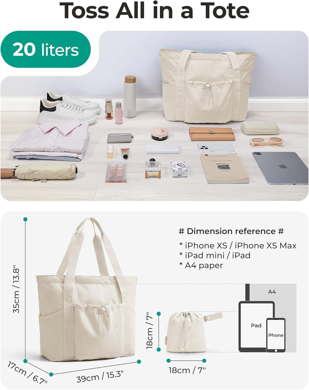 Foldable Tote Bag with Drawstring Bag. Large Tote Bag Shoulder Bag Top Handle Handbag for Travel. Work. Beach. Gym