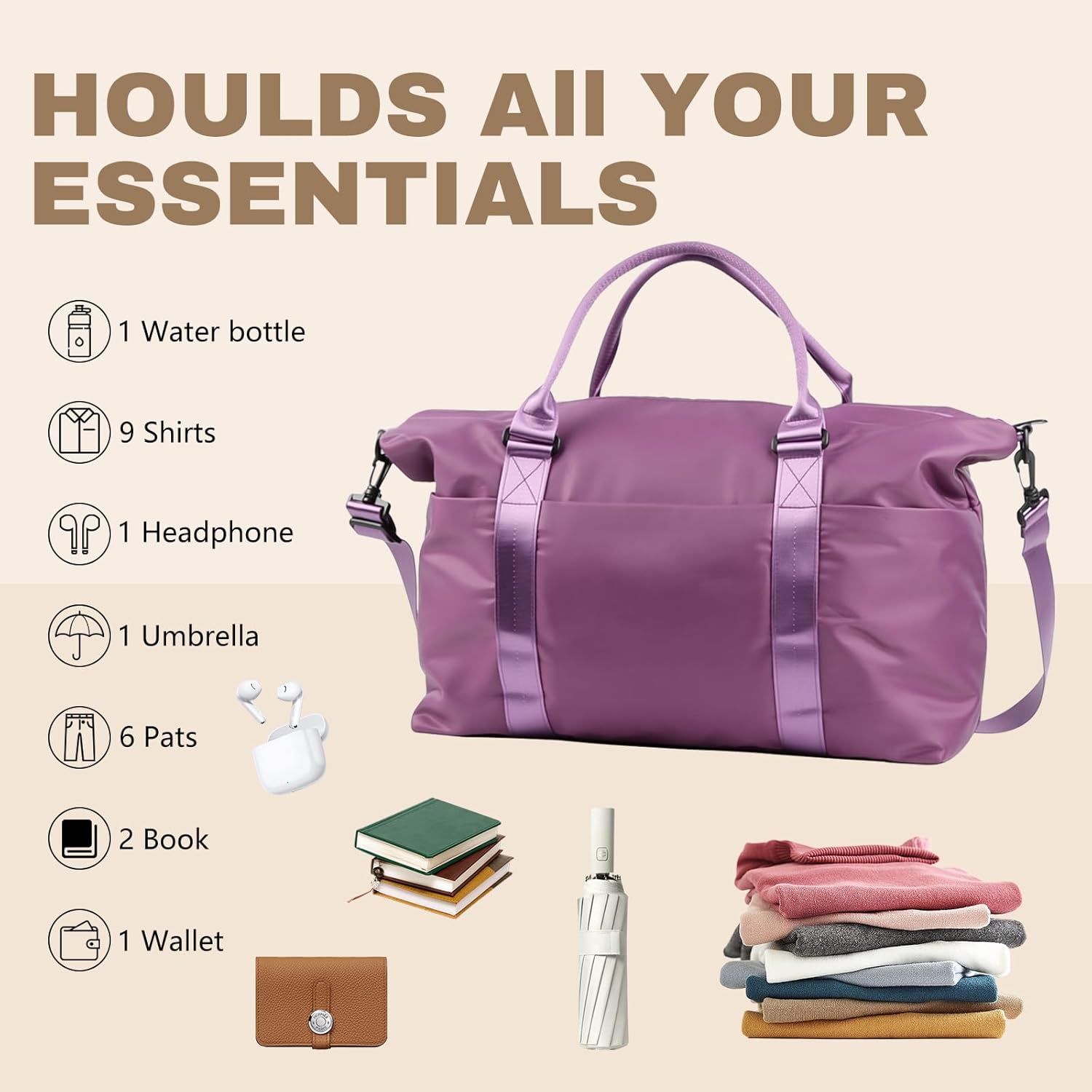 Weekender Duffel Bags for Women. Purple Travel Totes Bag for Airplane Essentials. Overnight Bags for Women with Trolley Sleeve. Large Carry On Hospital Bag for Labor and Delivery. Sport. Gym