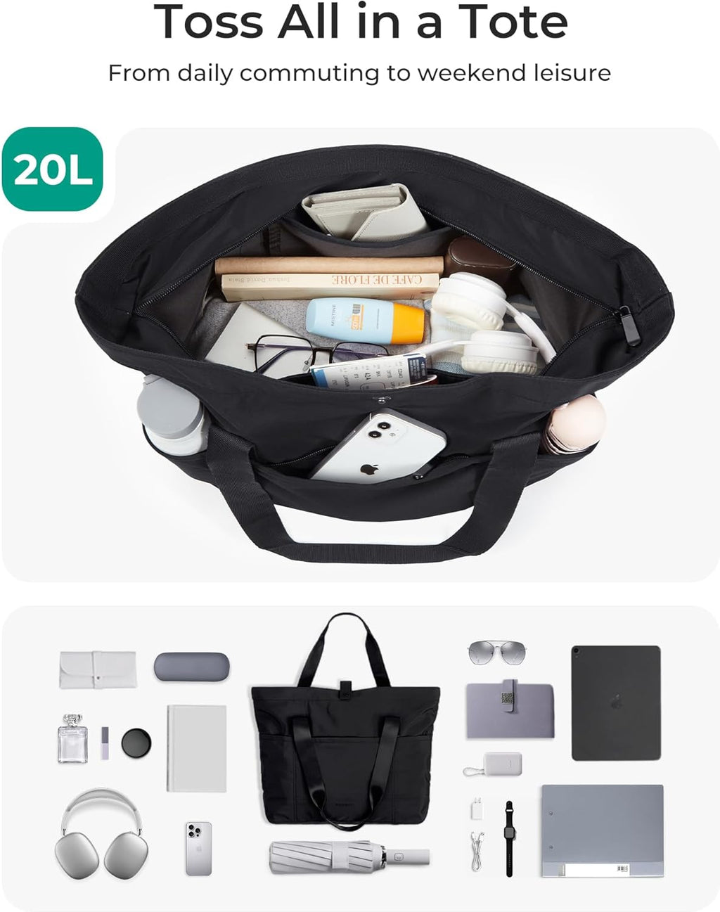 Tote Bag for Women. Foldable Tote Bag With Zipper Travel Large Shoulder Bag Handbag for Work