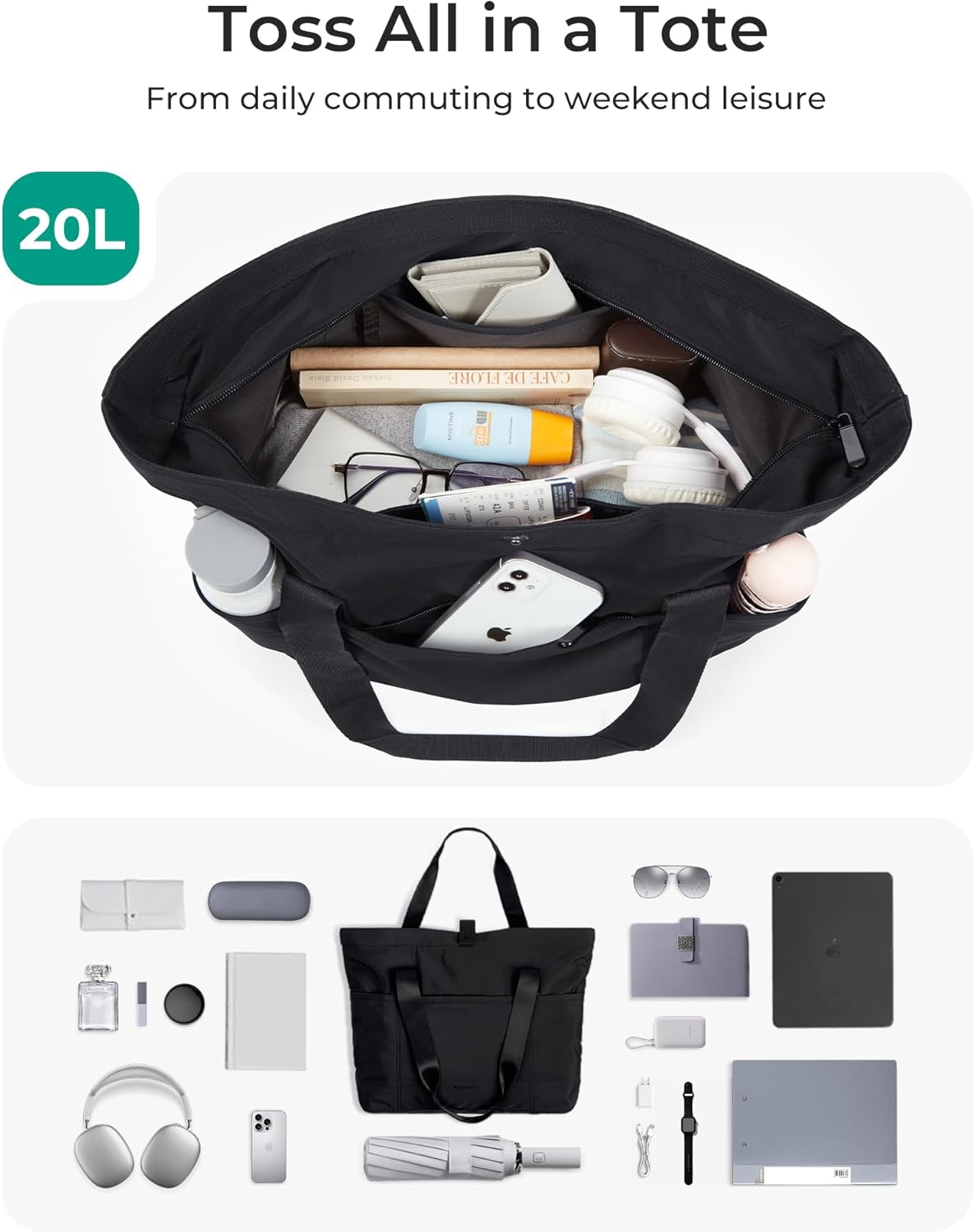 Tote Bag for Women. Foldable Tote Bag With Zipper Travel Large Shoulder Bag Handbag for Work