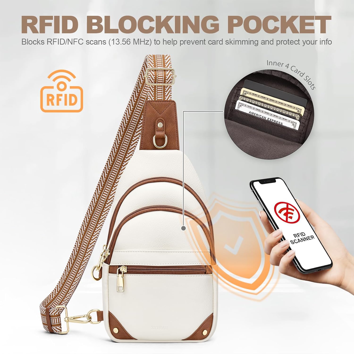 Anti Theft Crossbody Bags for Women. RFID Sling Bag Travel Purse. RFID Cross Body Purses Chest Bag for Travel Beige Brown