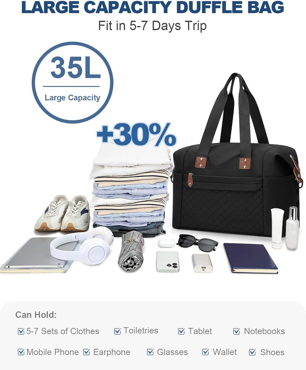 Travel Duffle Bag. Waterproof Weekender Overnight Hospital Bags for Women Men with Toiletry Bag Lightweight Carry on Personal Item Duffle Gym Bag for Travel. Airplanes. Sports