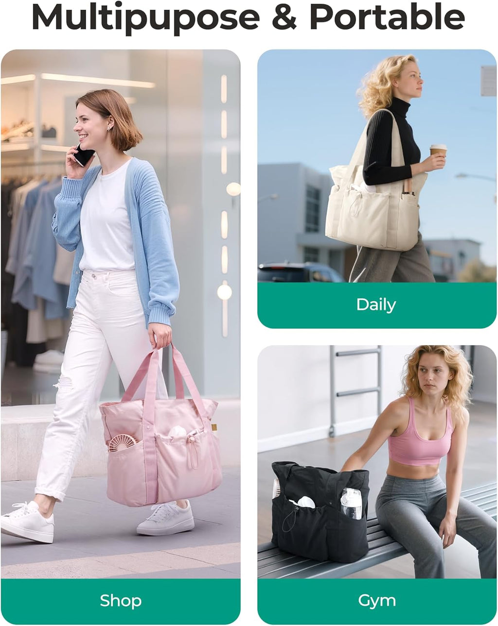 Foldable Tote Bag with Drawstring Bag. Large Tote Bag Shoulder Bag Top Handle Handbag for Travel. Work. Beach. Gym