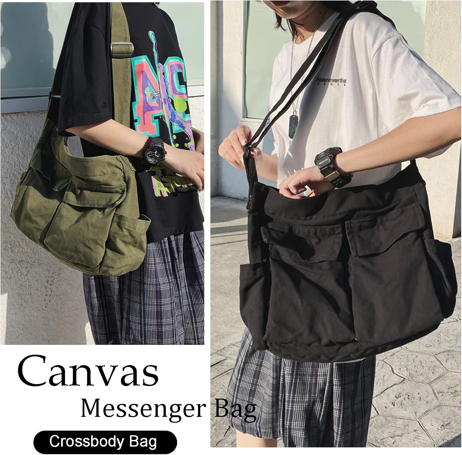 Canvas Messenger Bag Large Hobo Bag Crossbody Shoulder Bag Tote Bag with Pocket for Women and Men